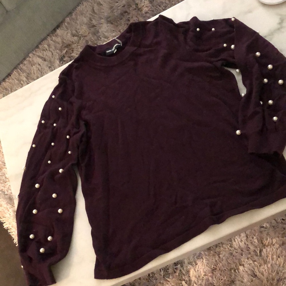Karl Lagerfeld Pearl embellished long sleeve sweater top maroon wine